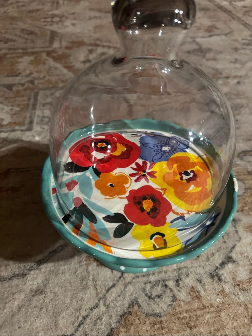 Hand-Painted Turquoise Floral Mini Cake Stand with Glass Dome